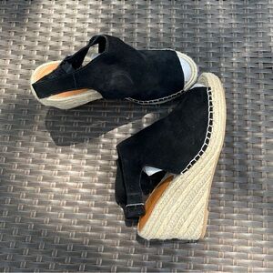 New GAP Black Suede Leather Espadrille Raffia Wedge Sandals, Size 11, Open Toe